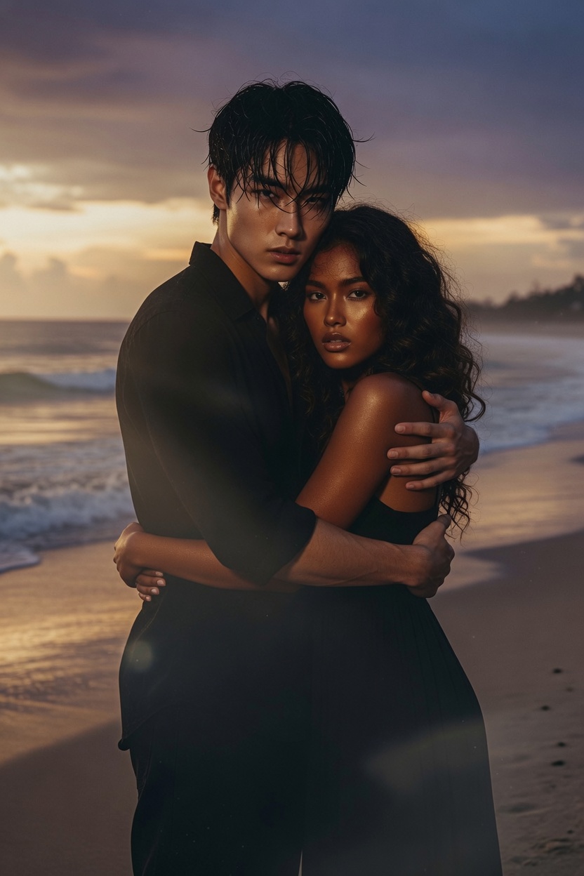 Sofia and Jae-won holding hands on a beach at dusk